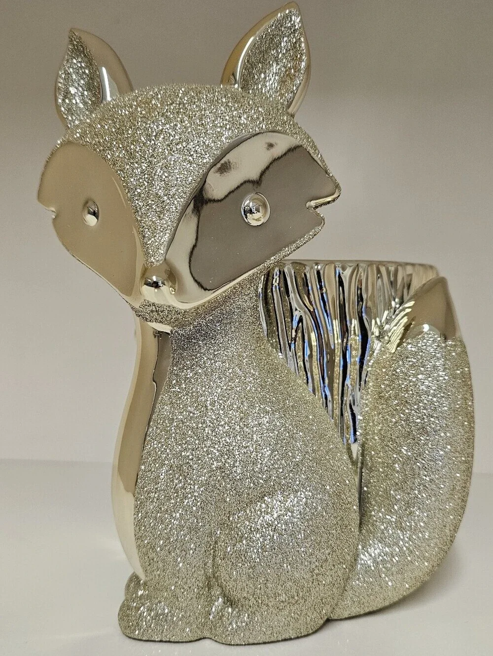 New Bath & Body Works Fox Pedestal Candle Holder Gold Glitter Tree Stump Decor